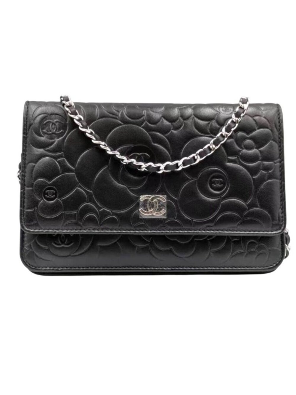 Pre-owned Chanel Camellia Embossed Lambskin Wallet On Chain Black - Picture 1 of 13
